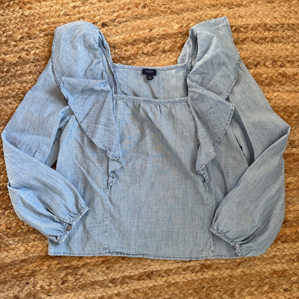 J Crew Medium Light Blue Chambray Long Sleeve Ruffle Trim Blouse Top